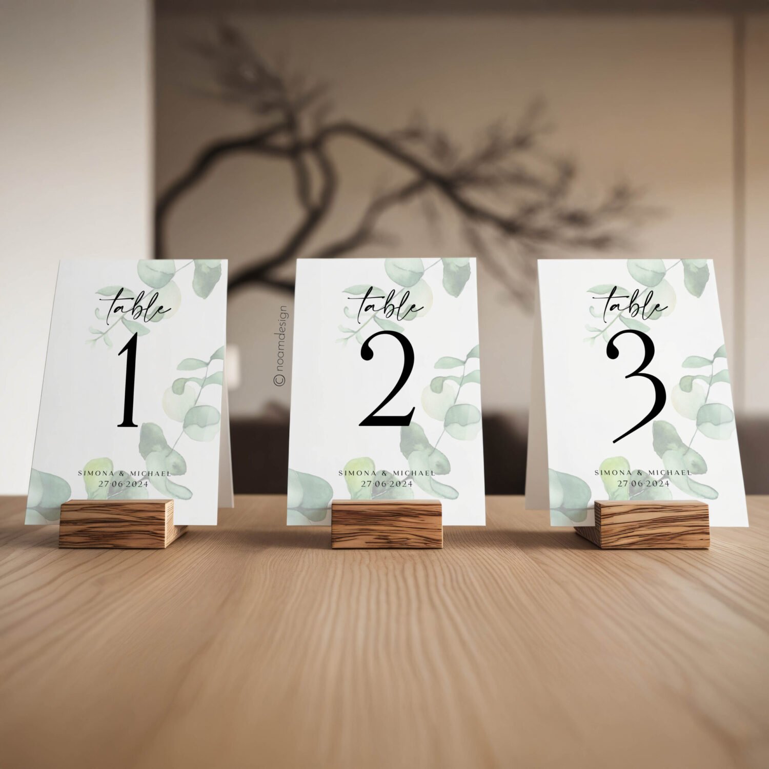 Mock up Label the blank Stand for booklet with white sheet paper acrylic tent card on table blurred background Generative AI
